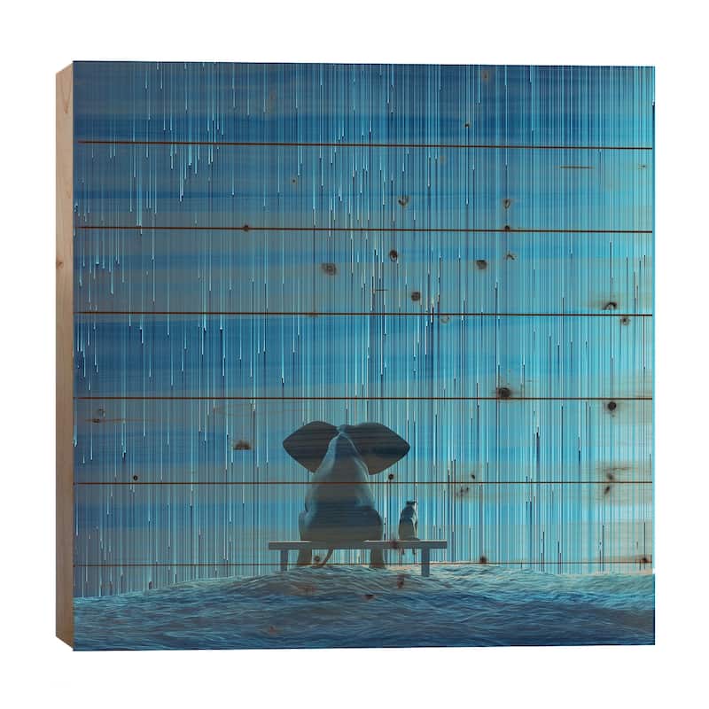 Elephant And Dog Looking At Star Rain Print On Wood by Mike Kiev - Multi-Color - 26x26x1.5