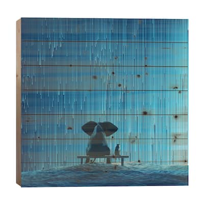 Elephant And Dog Looking At Star Rain Print On Wood by Mike Kiev - Multi-Color