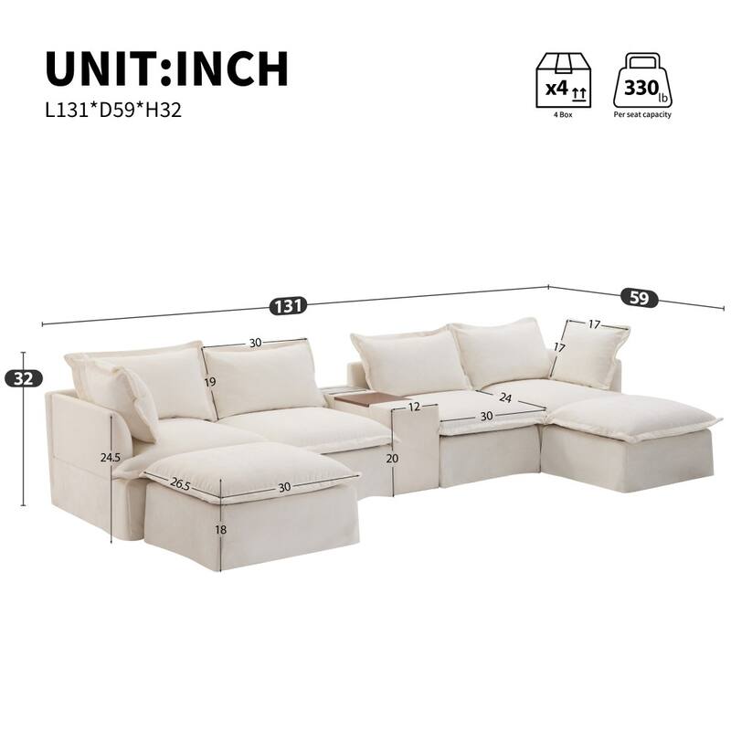 131''Modern U-shape Modular Chenille Sectional Sofa with Movable Ottoman and Cup Holder