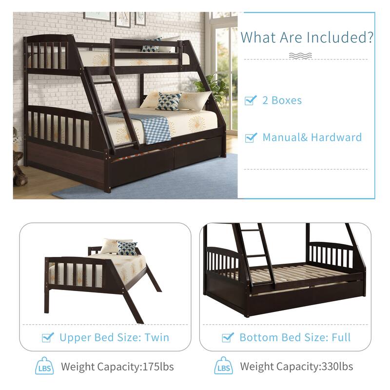 Twin Over Full Solid Wood Bunk Bed with Storage Drawers Convertible