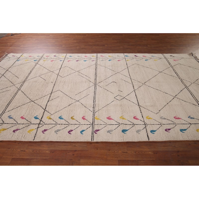 Earth Tone Moroccan Oriental Area Rug Hand-Knotted Beige Wool Carpet - 6'1" x 12'6"
