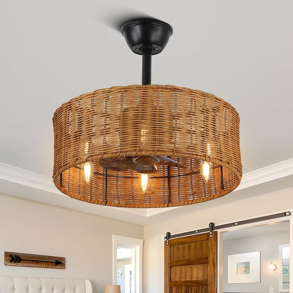 Cusp Barn 18'' Boho Caged Ceiling Fan with Remote Control, Farmhouse Rattan Fandelier, 3 Speeds Enclosed 6-Light Fan for Bedroom