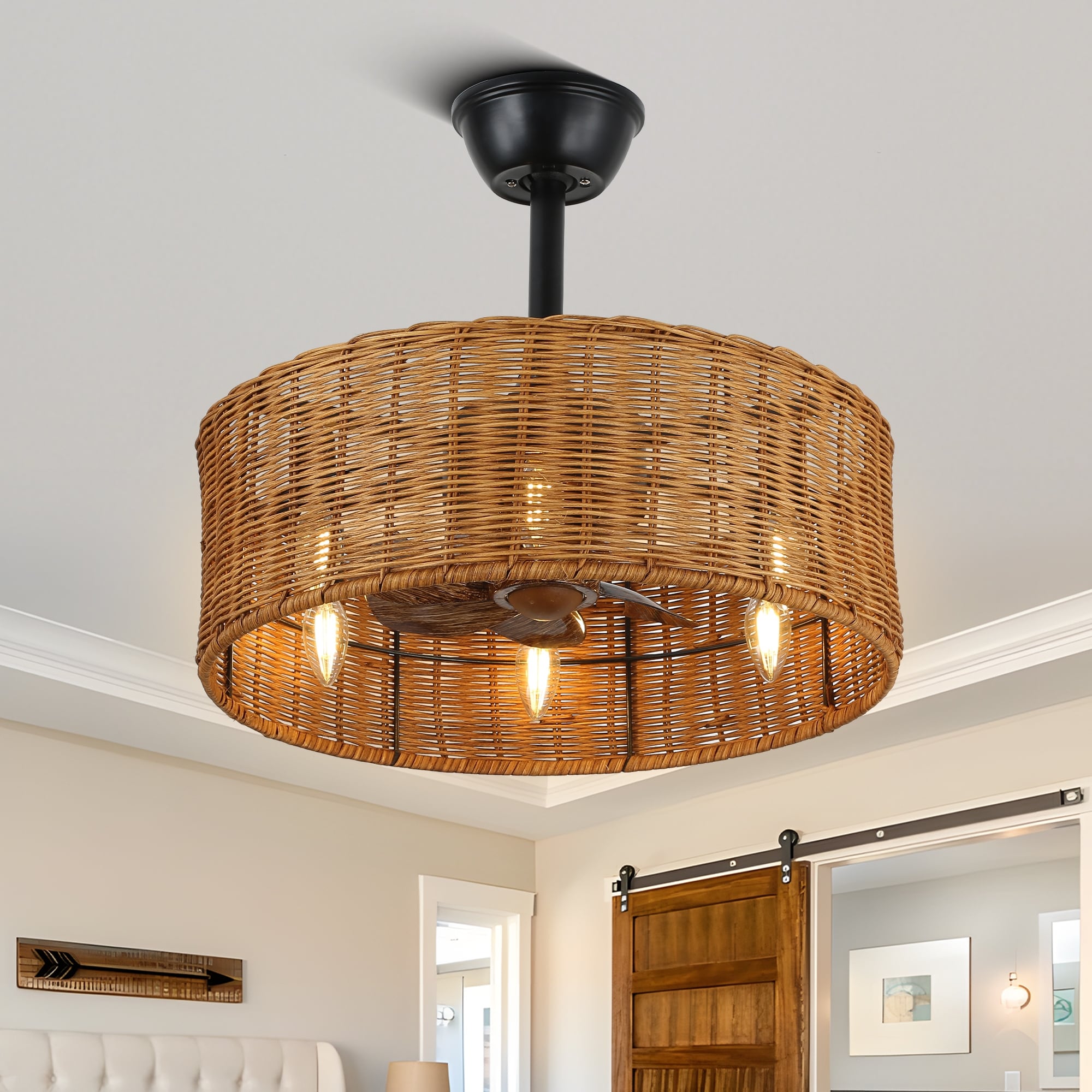 Cusp Barn 18'' Boho Caged Ceiling Fan with Remote Control, Farmhouse Rattan Fandelier, 3 Speeds Enclosed 6-Light Fan for Bedroom