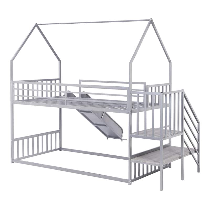 Twin Over Twin House Bunk Bed with Convertible Slide & Staircase, Metal Floor Bunk Beds Frame for Kids Boys Girls, Easy Assembly