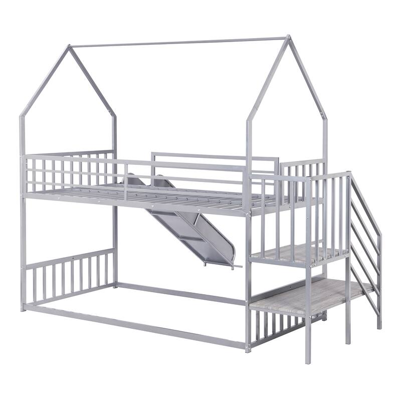 Twin Over Twin Metal Bunk Bed with Slide and Staircase, Silver