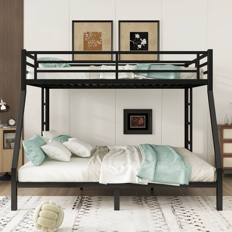 Queen Over King Metal Bunk Bed with Dual Ladders, Underbed Storage, and Noise-Free Design, Heavy-Duty Frame