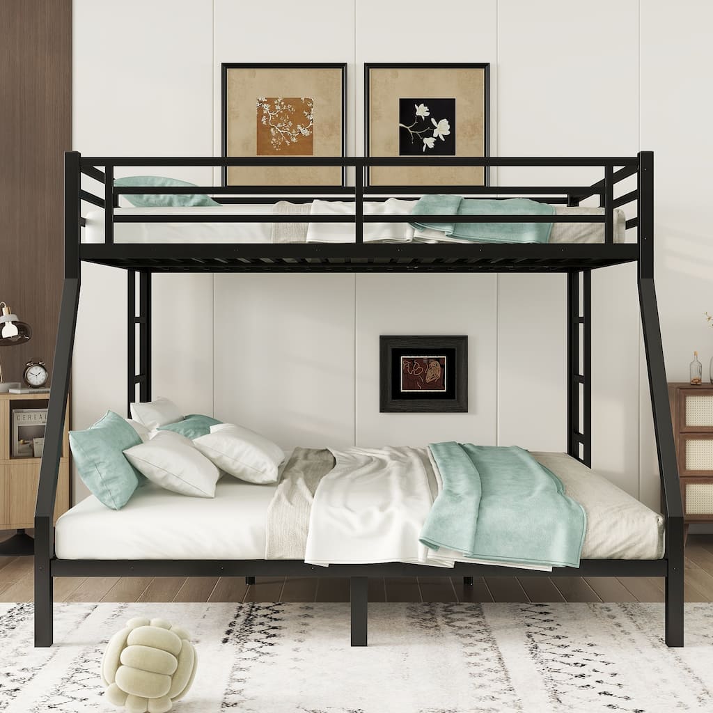 Space-Saving Queen Over King Bunk Bed for Teens and Adults with Double Ladder, Safety Guardrails and Noise Reduced
