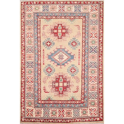 Oriental Kazak Foyer Rug Hand-Knotted Traditional Beige Wool Carpet - 3'4" x 4'7"