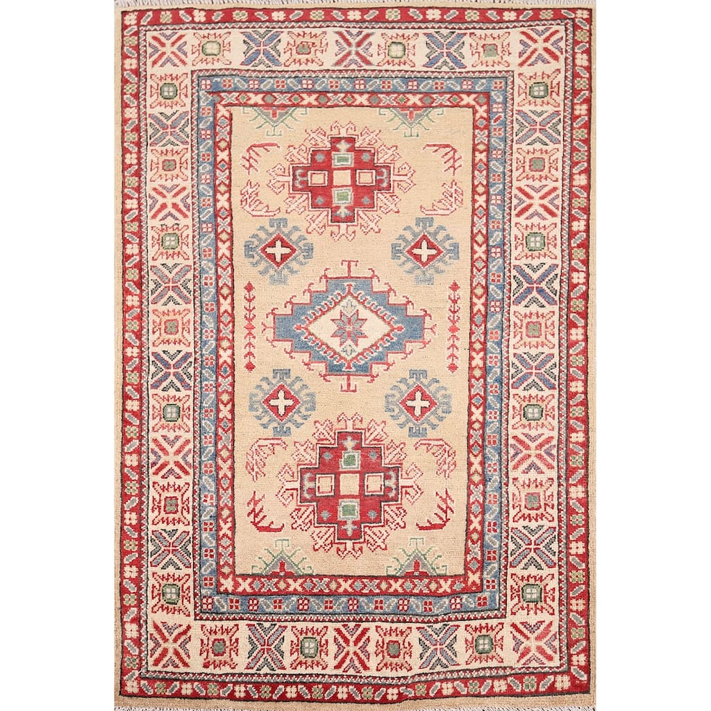 Oriental Kazak Foyer Rug Hand-Knotted Traditional Beige Wool Carpet - 3'4" x 4'7"