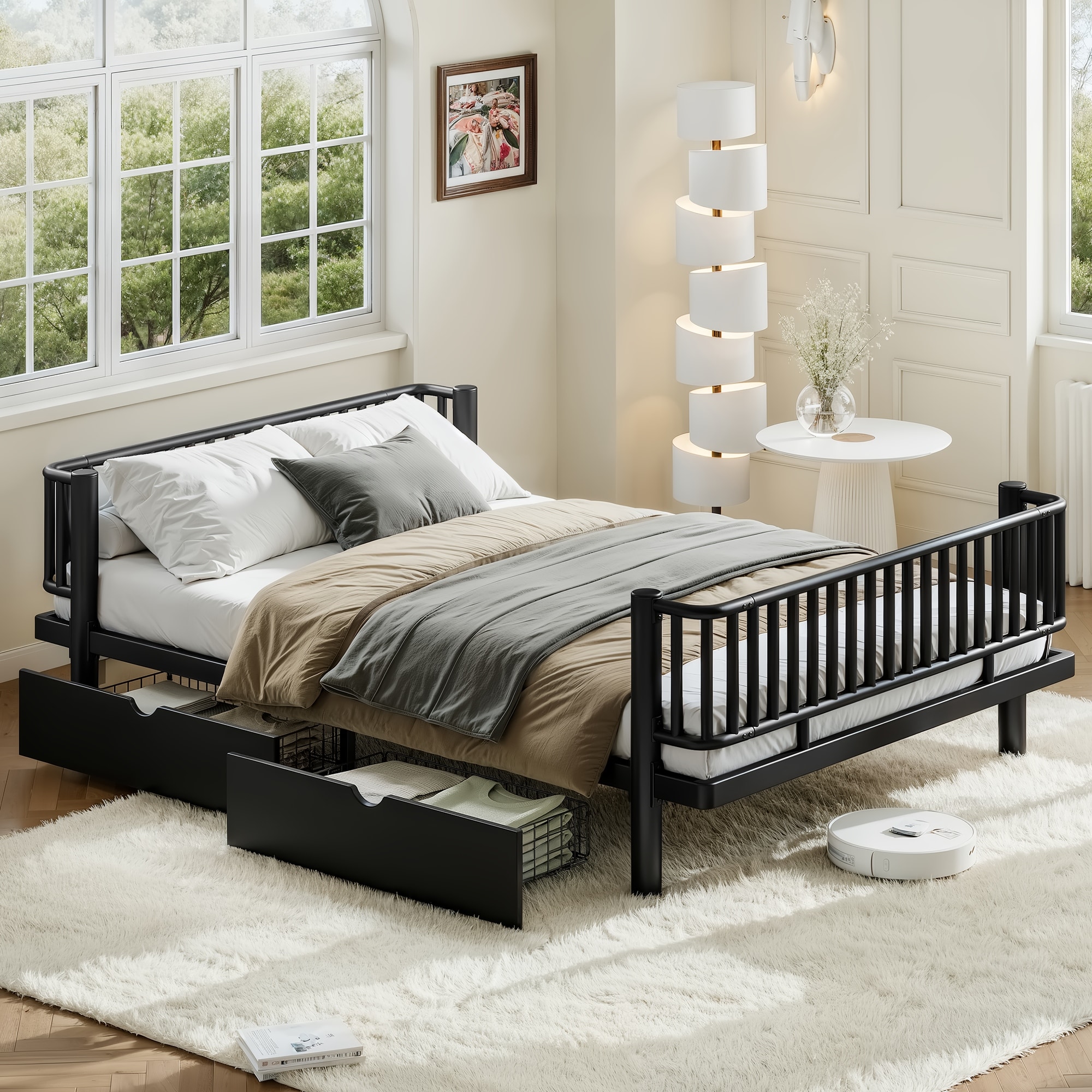 Queen Size Platform Bed with Storage Drawers & Metal Frame