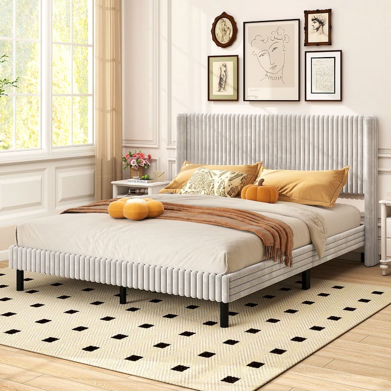 Costway Queen Size Velvet Bed Frame Upholstered Platform Bed with