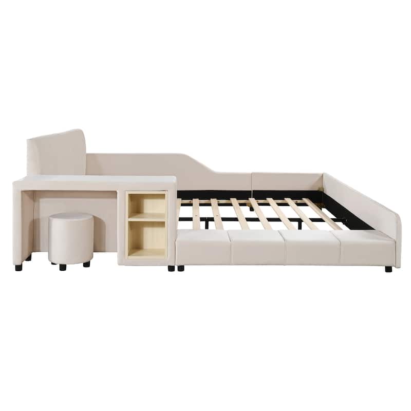 Queen Size Upholstered Grounded Bed, Mother & Child Bed with Bedside Desk and Little Round Stool, Velvet, Beige