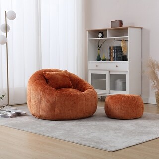 Modern Bean Bag Chairs, Comfy Round Chair for Adults with Ottoman, Leisure Single Sofa Reading Chair with Pillow