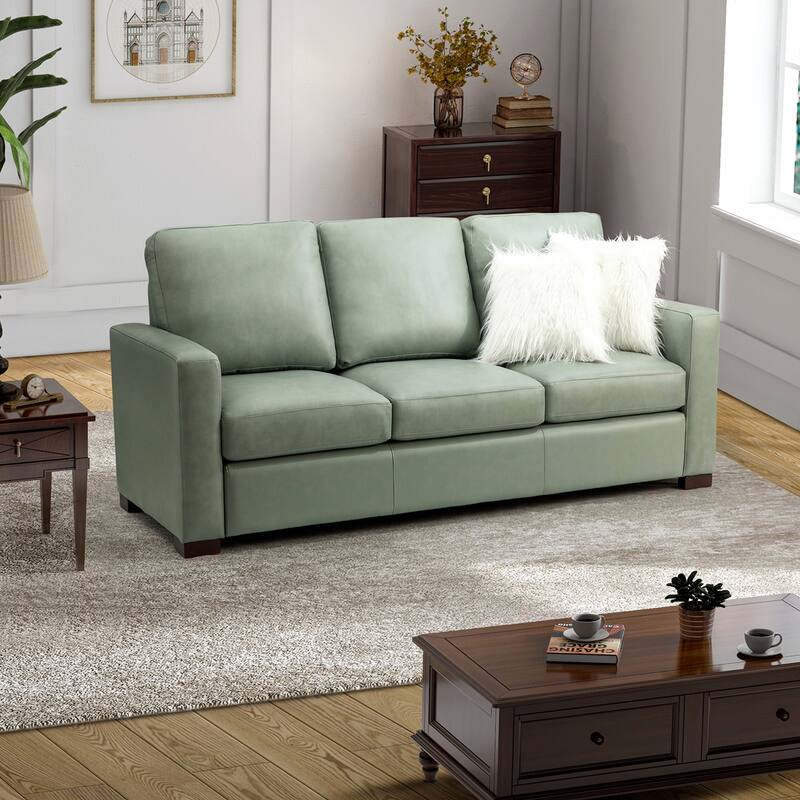 Ernando 83.46" Wide Genuine Leather Sofa with Squared Arms and Pillows