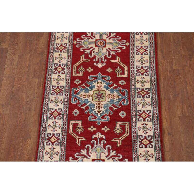 Red Geometric Kazak Runner Rug Handmade Oriental Wool Carpet - 2'9" x 10'1"