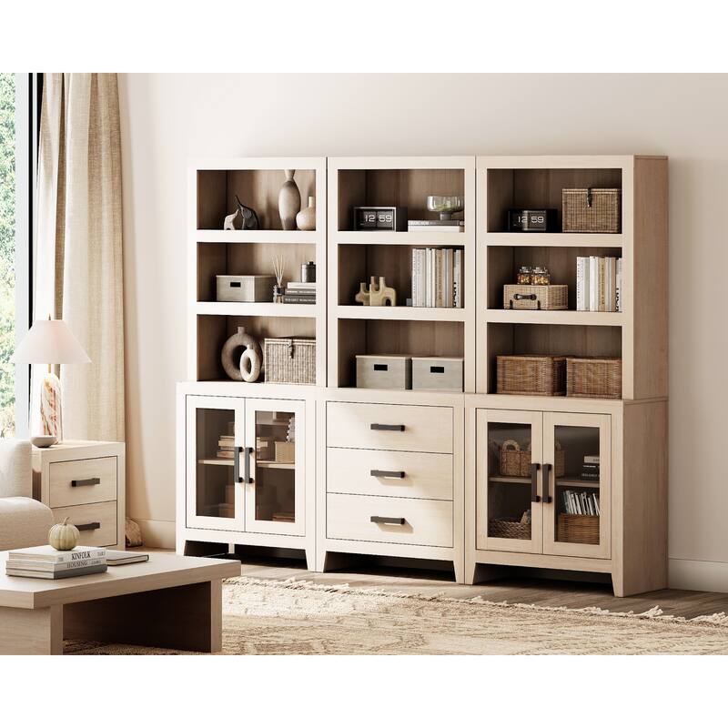 WAMPAT 74" Tall Bookshelf with Glass Doors and Drawers, Farmhouse Bookcase with Adjustable Shelves