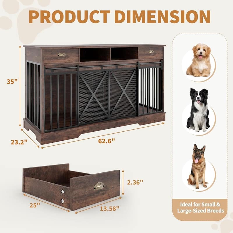 63 Inch Farmhouse Indoor Kennel Dog Crate Furniture with Double Doors