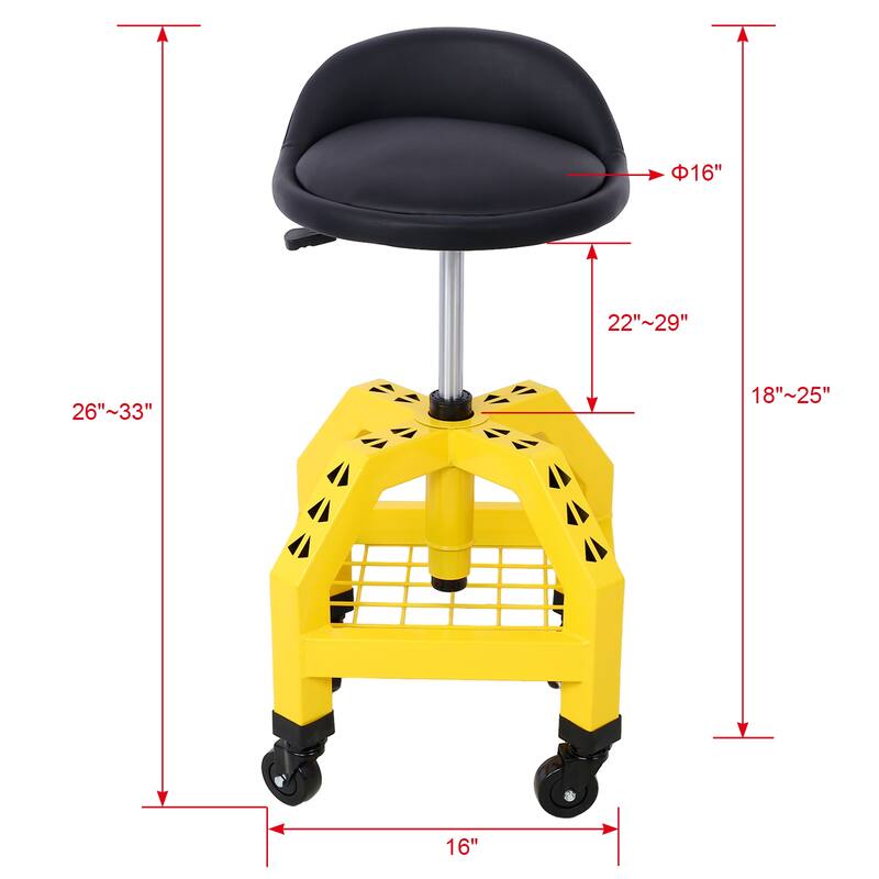 Pneumatic 360 Degree Swivel Shop Stool with Padding Lumbar Support Mechanics Stool with Casters for Industrial Workshop