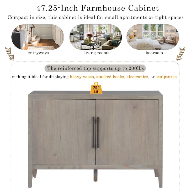 47.25"Sideboard with Pine Veneer and 2 Doors, Retro Buffet with Adjustable Feet, Wooden Storage Cabinet with Metal Handles
