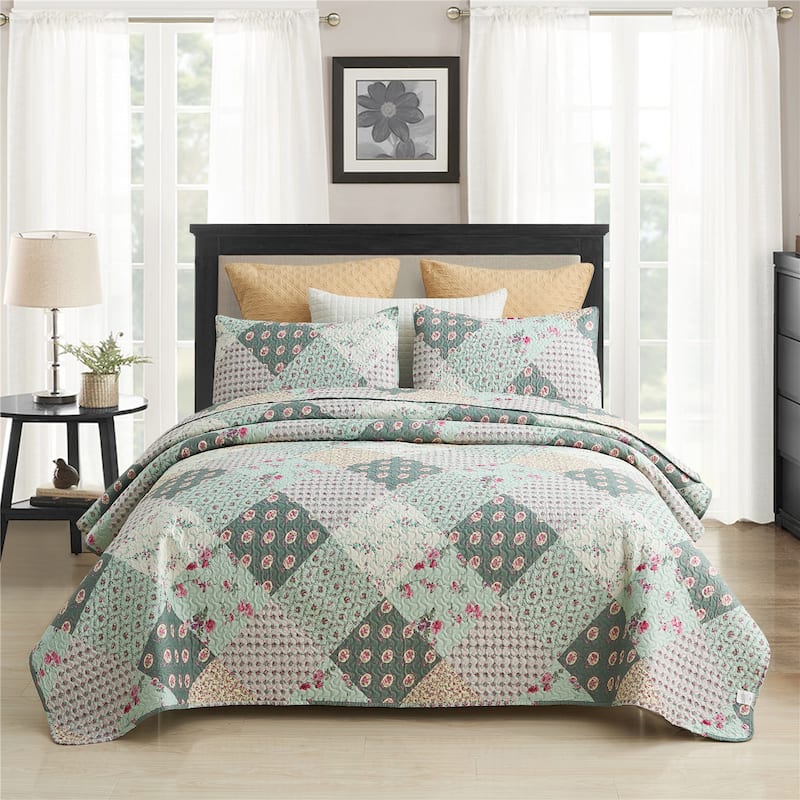 Pink Plaid Patchwork Quilt Set Bedspread - King - Sage Green Floral