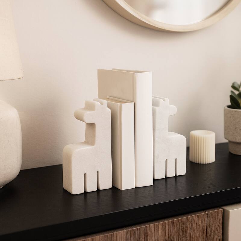 Decorative Marble Giraffe Bookends - Home Decor- Set of 2, 7", White - 7.0" - White - 7.0"