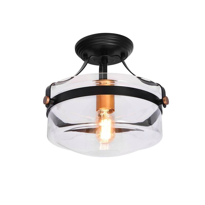 1-Light Round Glass Semi Flush Ceiling Light - 11" Black Farmhouse