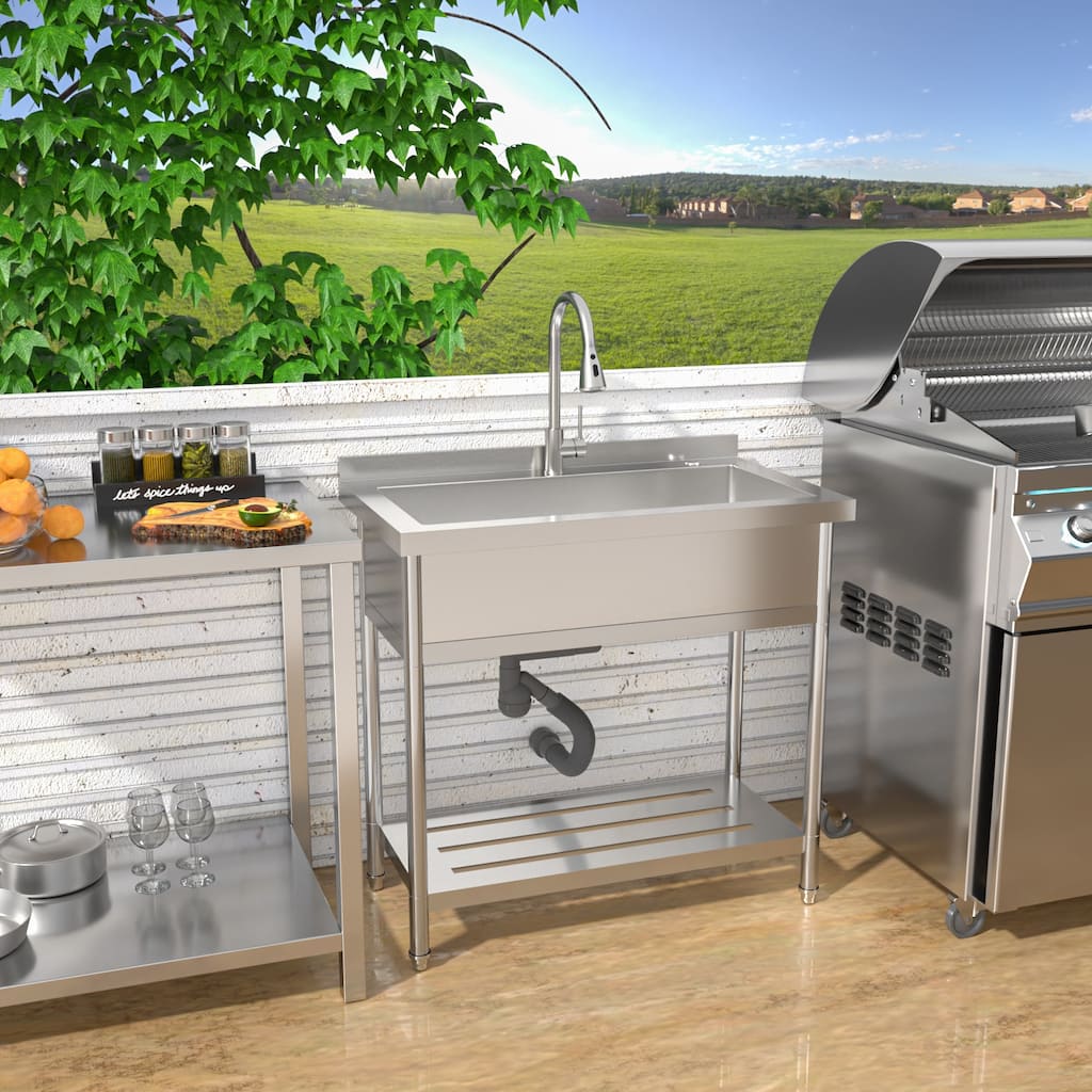 36 Inch Freestanding Integrated Single Bowl 18 Gauge Stainless Steel Kitchen Sink with Pull-Out Faucet - 36'' x 21'' x 35.5''