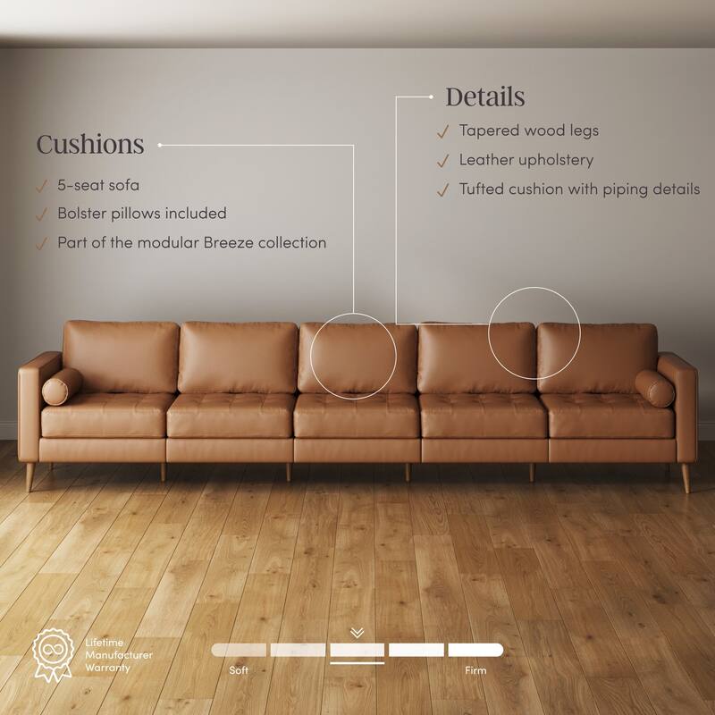 Breeze Mid Century Modern Sofa, Leather Couch with Tufted Cushion and Solid Wood Frame