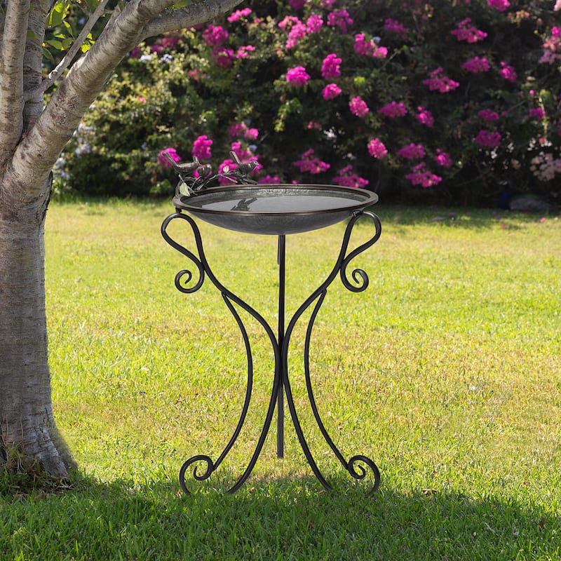 Alpine Corporation 35" Tall Outdoor Antique Style Galvanized Metal Birdbath Bowl with Bird Figurines
