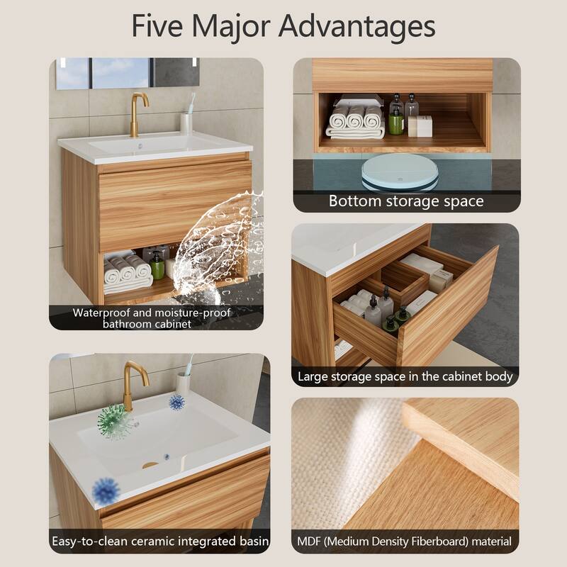 24" Floating Bathroom Vanity with Ceramic Sink - Wall Mounted Fluted Cabinet in Walnut with Drawers, Modern Design