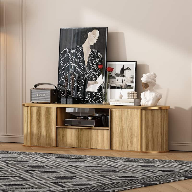 Natural Wood TV Stand with Gold Handles Entertainment Center, Media Console & Storage Cabinet