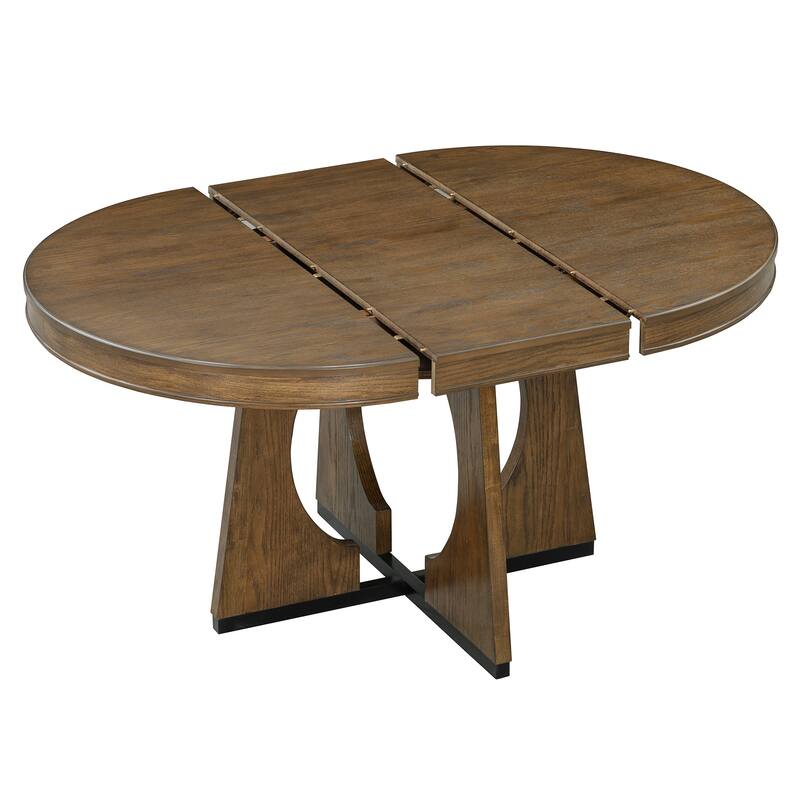 5-Piece Retro Dining Table Set, Extendable Round Table with Removable Leaf