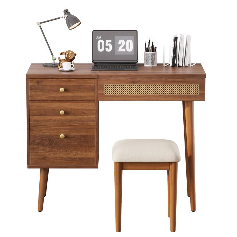 39" Retro Makeup Vantiy Set with Flip-Top Mirror and LED Lights, Walnut Dressing Table Desk with Stool