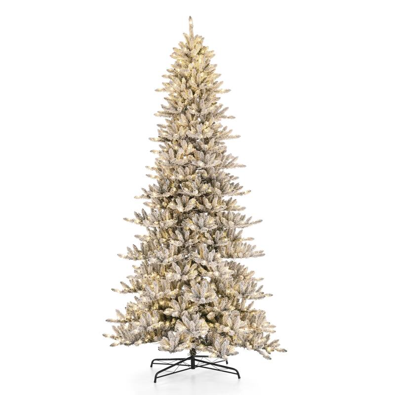 Glitzhome 6FT/7.5FT/9FT/11FT Snow Flocked Pre-lit Artificial Fir Christmas Trees
