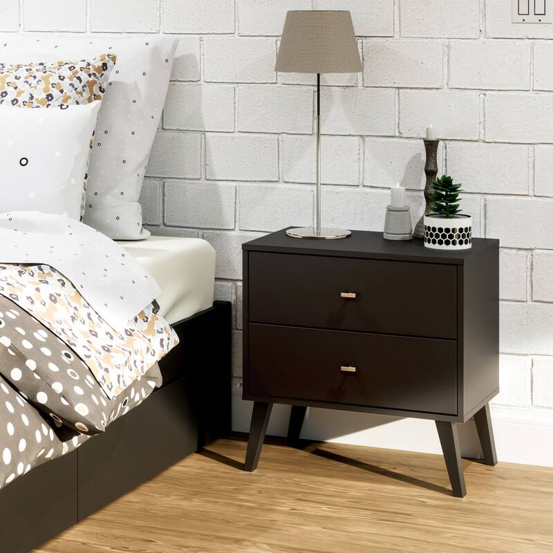 Prepac Milo Mid-Century Modern 2 Drawer Nightstand, Bedside Table, Contemporary Bedroom Furniture