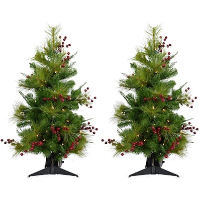 Christmas Time Set of Two 4-Ft. Red Berry Mixed Pine Artificial Trees with LED String Lights