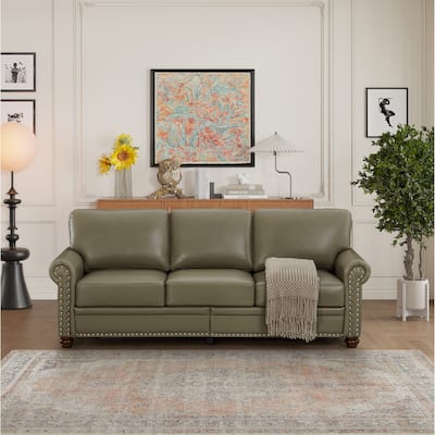 Faux Leather Sofa Couch with Storage Space and Silver Nailhead Trim for Living Room