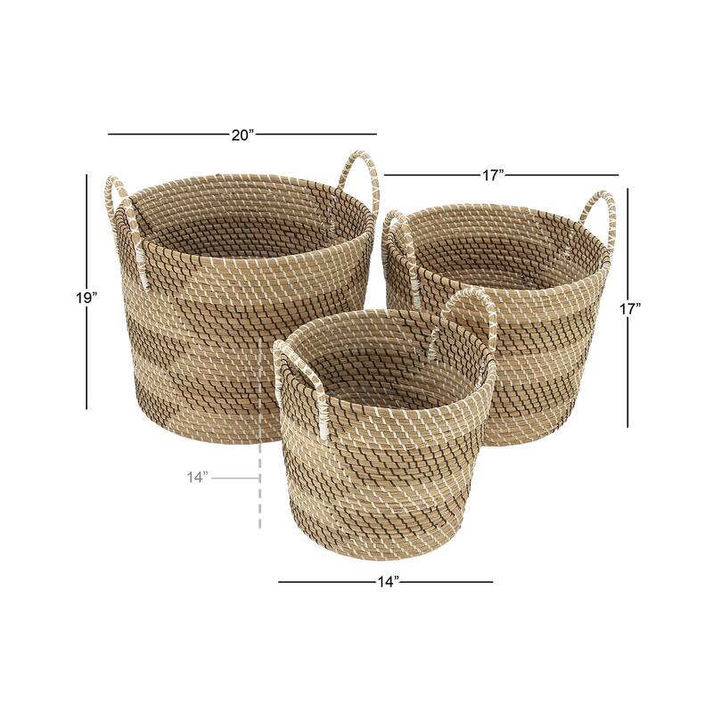 Beige Seagrass Handmade Two Toned Decorative and Functional Storage Basket with Handles (Set of 3)
