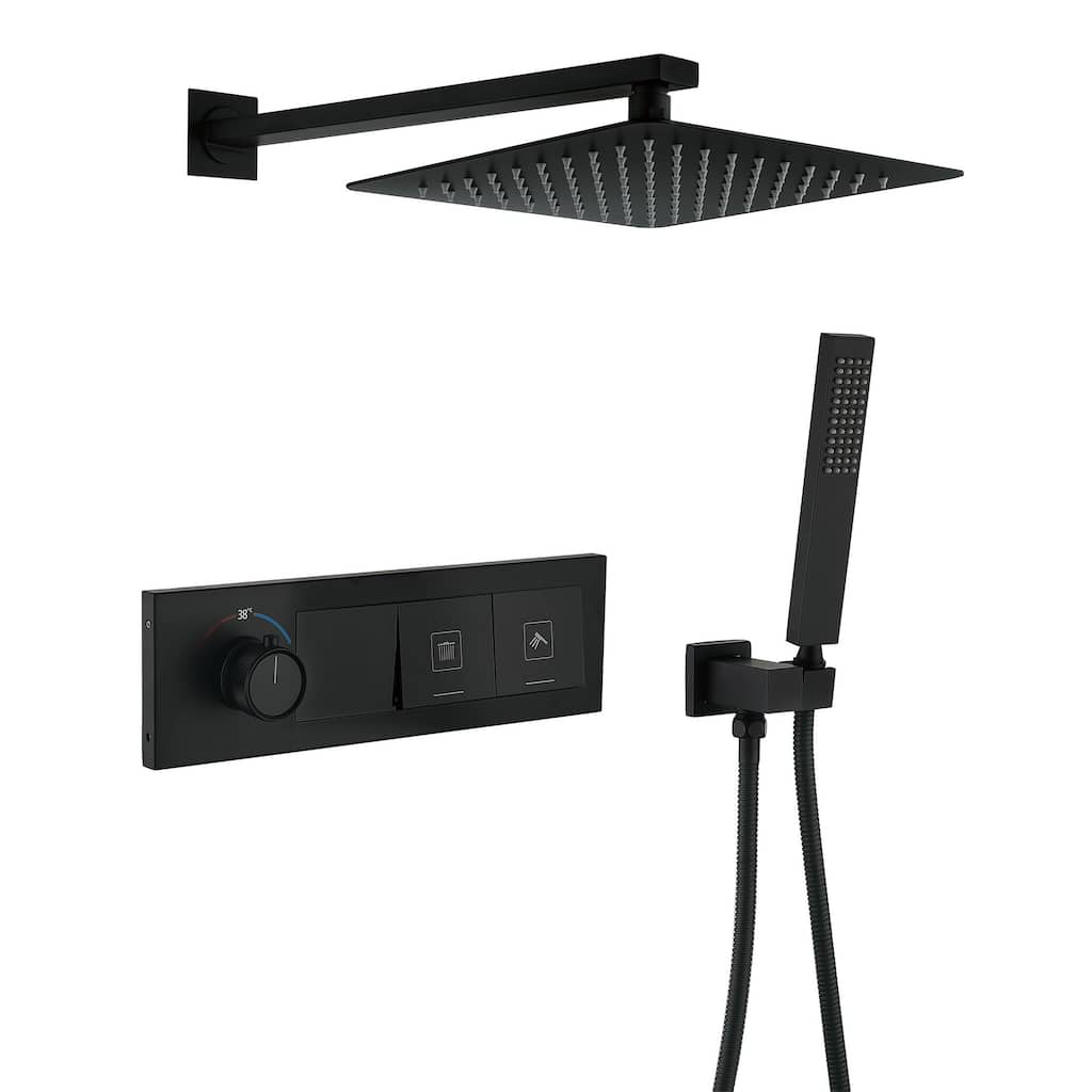 Digital Display Thermostatic Shower Faucet with Hand Shower Brass Rain 12 Inch Wall Mount Shower System with Valve