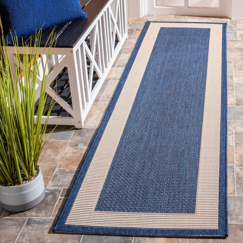 SAFAVIEH Courtyard Sherrie Border Indoor/ Outdoor Waterproof Patio Backyard Rug - 12' Runner - Navy/Beige
