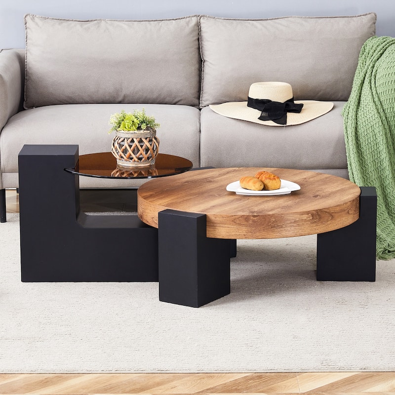 Modern Round Coffee Table with MDF L-Shaped Legs and Double-Layer Design for Living Room