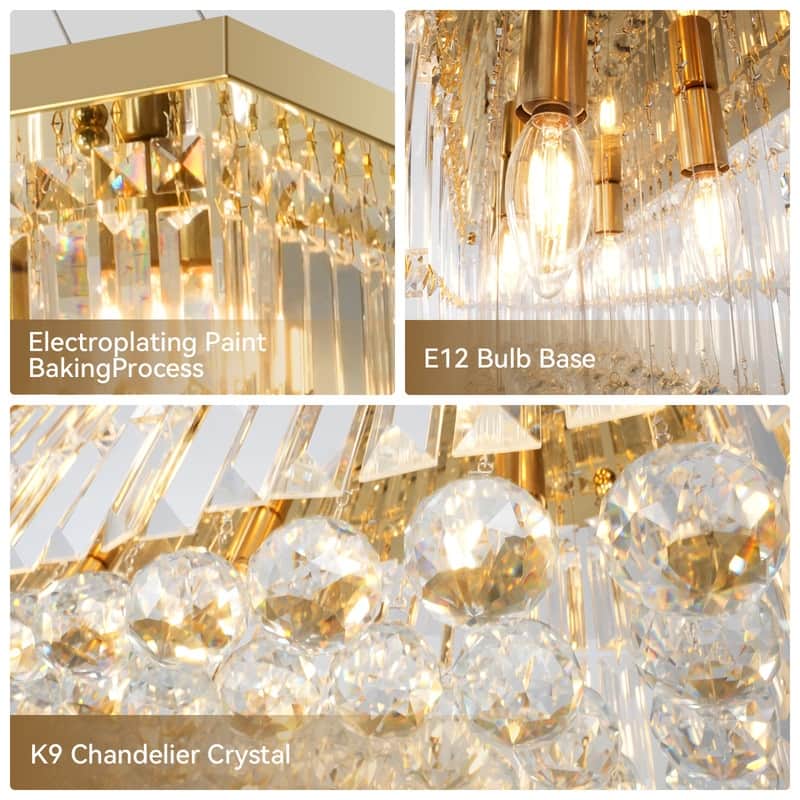 6 lights Rectangle Crystal Chandeliers for Dining Room, 39" Large Linear Water Ripple Glass Island Light Fixture