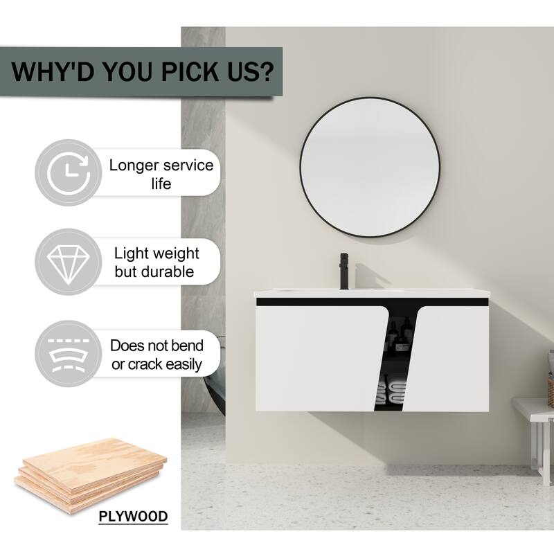 GDFStudio - Lennox Floating Bathroom Vanity with Ceramic Sink, Soft-Close Door