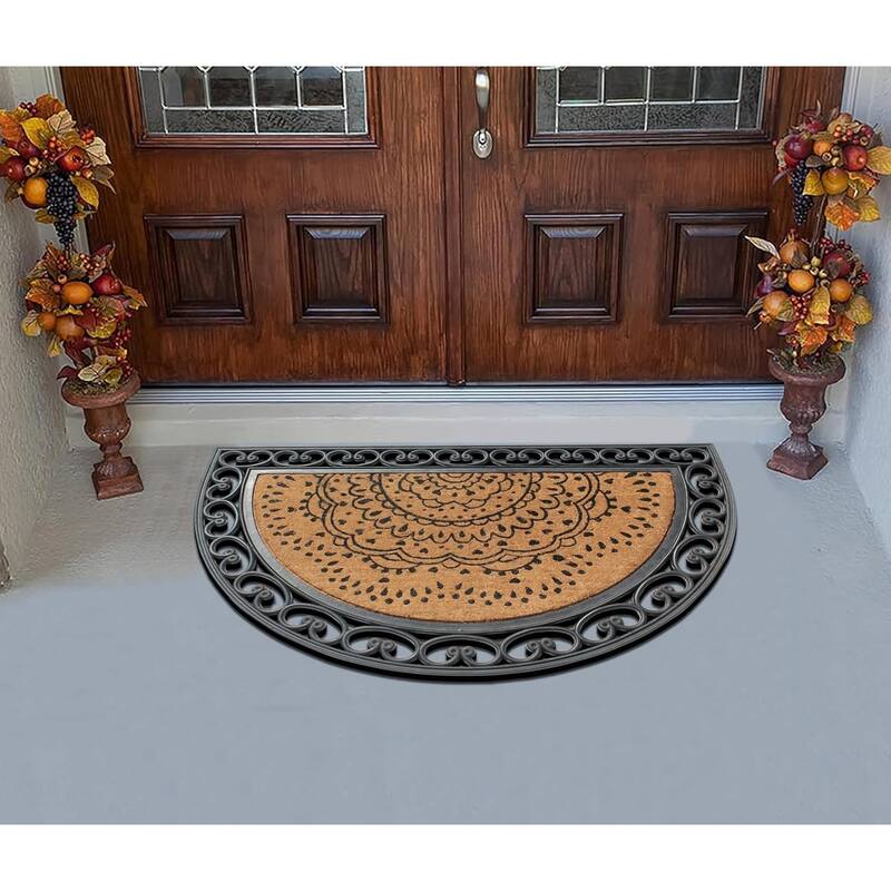 A1HC Floral Design Half Round Rubber and Coir Large Outdoor Entrance Durable Doormat 30"X48"