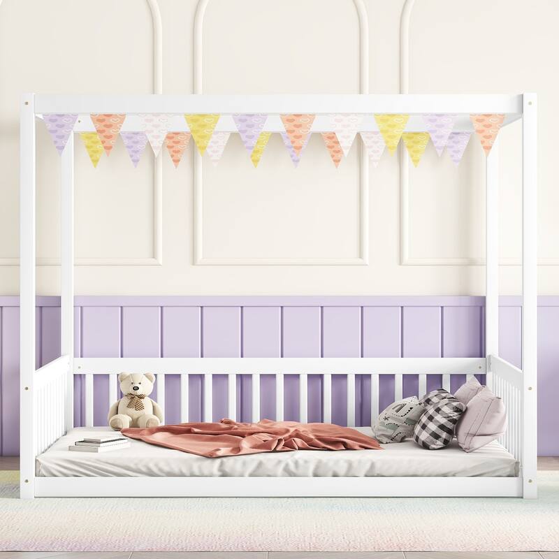 Pine Wood Canopy Frame Floor Bed with Guardrails