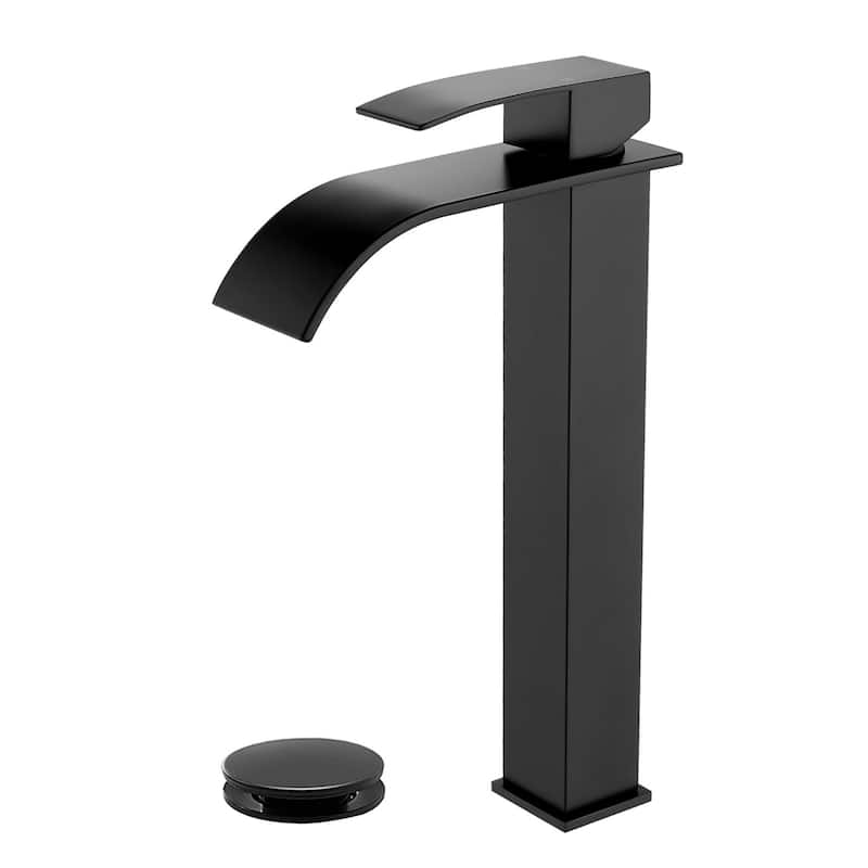 Single Handle Waterfall Bathroom Vessel Sink Faucet with Pop-up Drain 304 Stainless Steel 1 Hole High Tall Basin Vanity Faucets - Matte Black