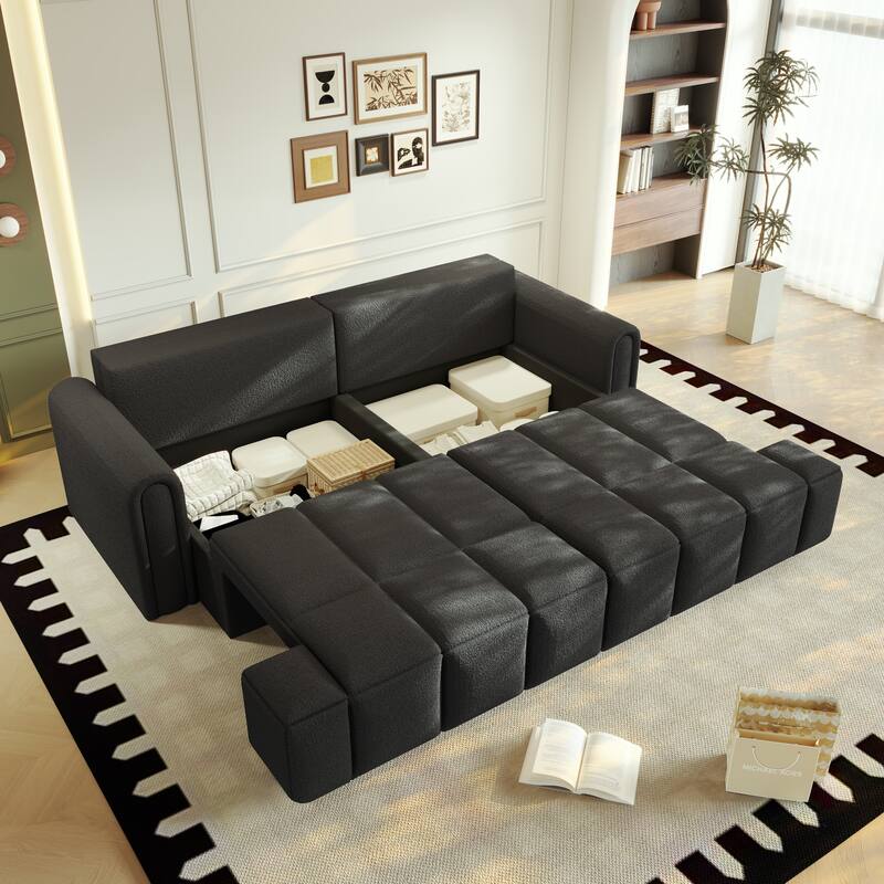 90.2" Sleeper Sofa with Pull-Out Bed, 3-in-1 Convertible Sofa Bed, Large Teddy Loveseat with Adjustable Backrest & Storage Seats