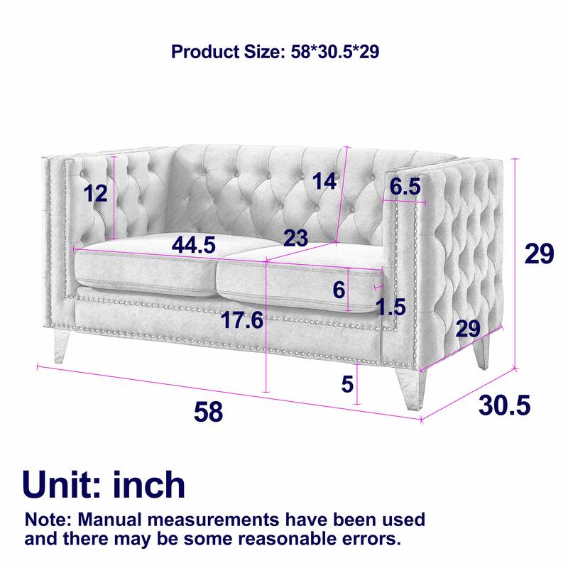 Modern 2-Seat Velvet Sofa with Nailhead Trim, Button Tufting, and Metal Legs