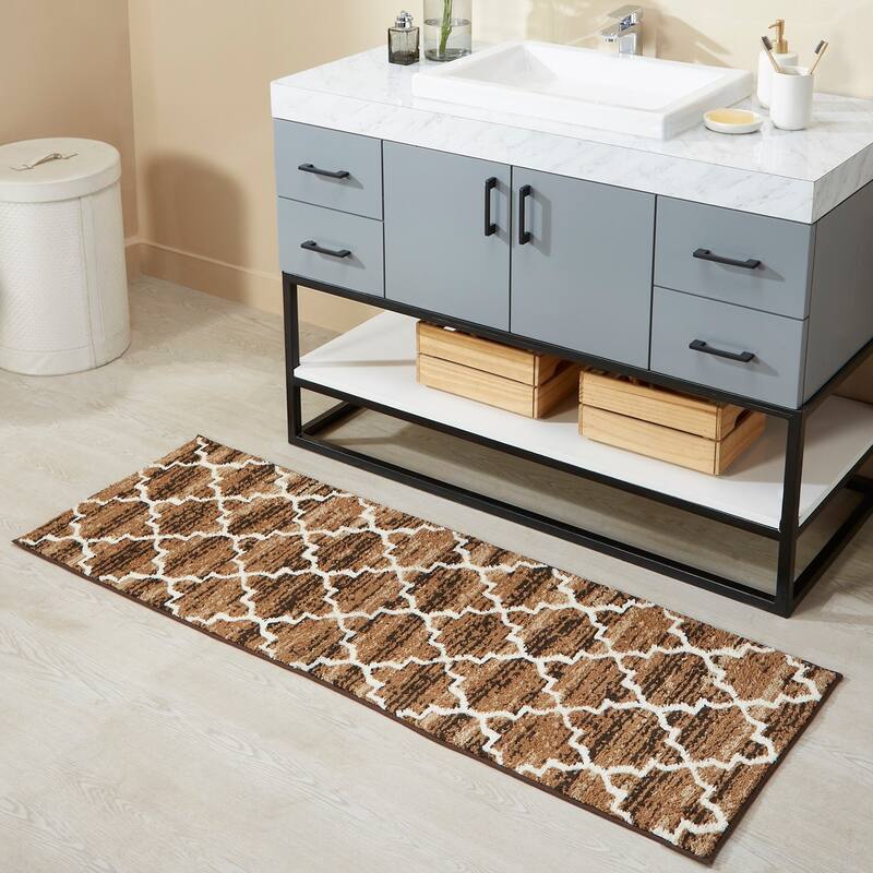 Better Trends Savio Collection Marrakesh Bathroom Rug - 100% Micro Polyester with Gel Foam Backing, Machine Washable Bath Mat - 20" x 60" Runner - Brown