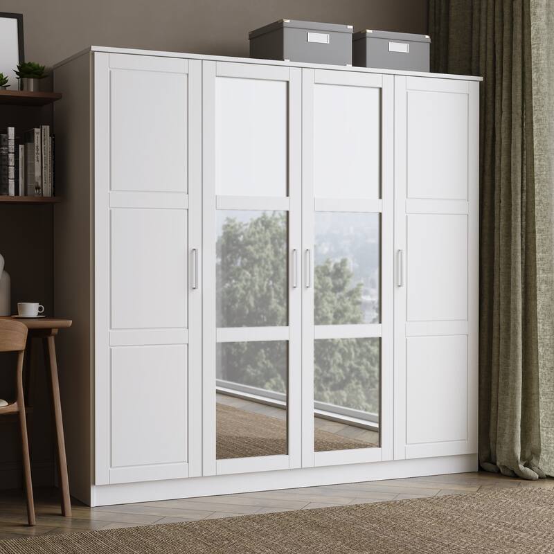 100% Solid Wood Cosmo 4-Door Wardrobe with Solid Wood or Mirrored Doors - White-Mirror